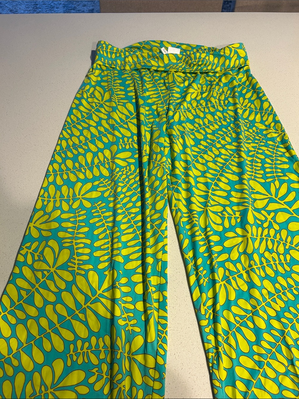 Trina Turk Teal and Yellow Wide-Leg Printed Pants